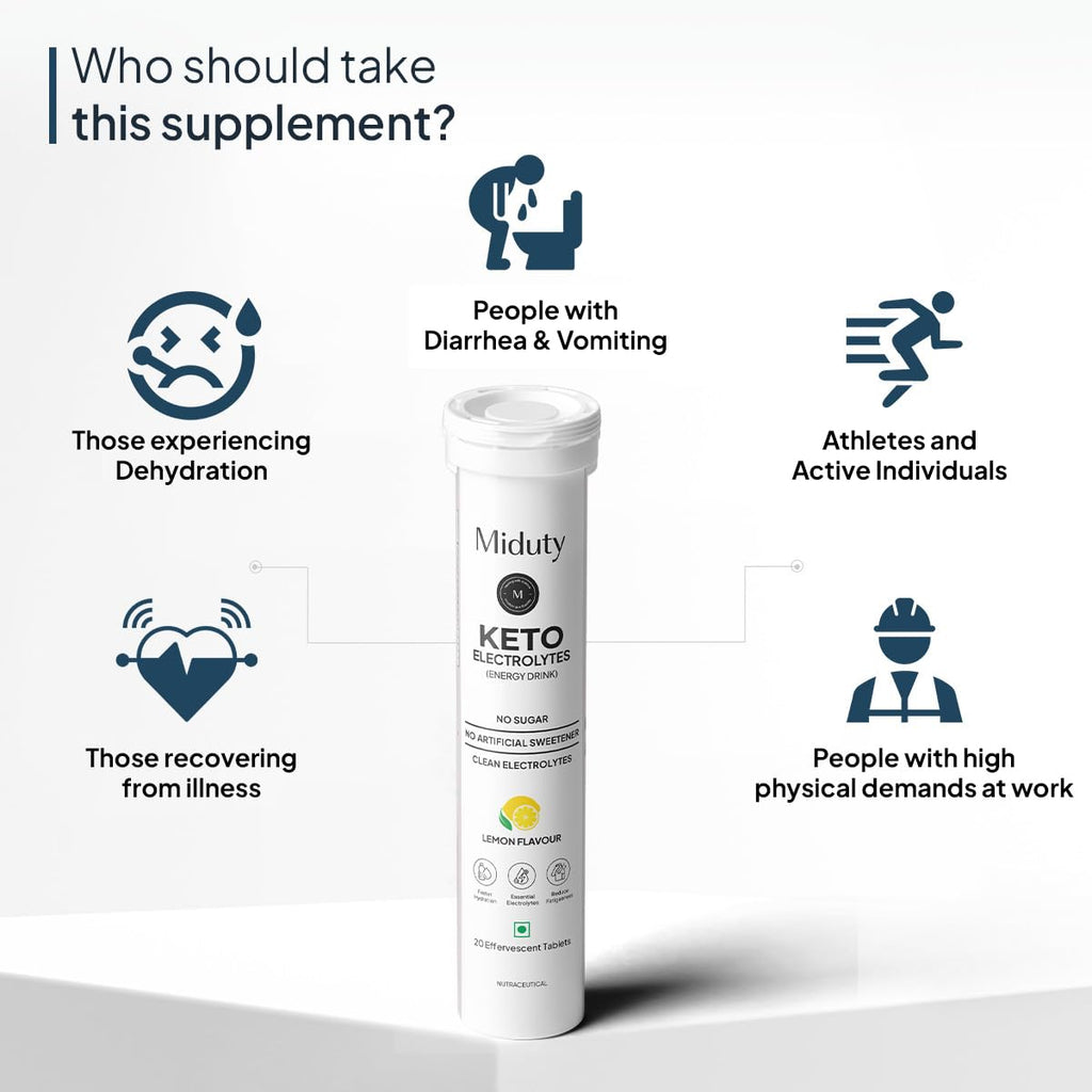 Miduty by Palak Notes Electrolytes Drink - Instant Hydration Drink - Lemon Flavor - Sugar-Free Electrolyte Drink - No more fatigue and dizziness - Hydration Electrolyte - 20 Effervescent Tablets
