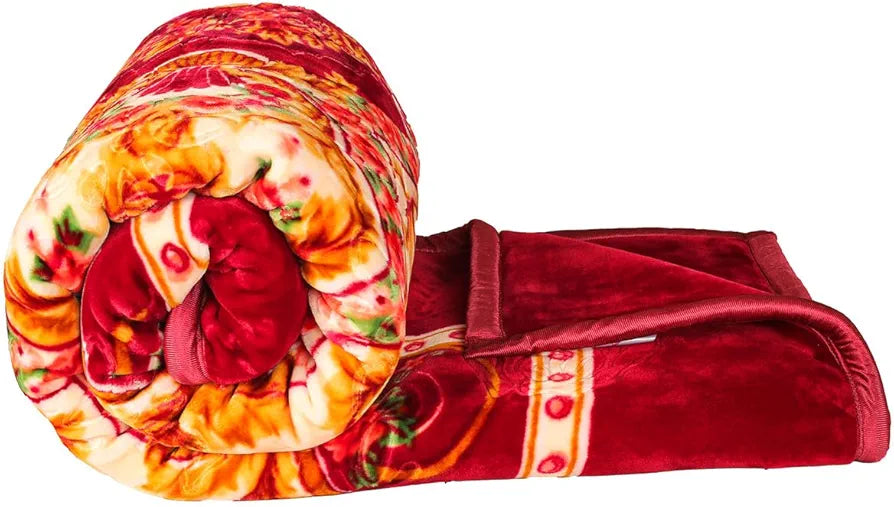 Homekart Super Soft Cloudy Printed Double Bed Blanket for Heavy Winter Single Ply Mink Blanket King Size TC 400 Red and Beige