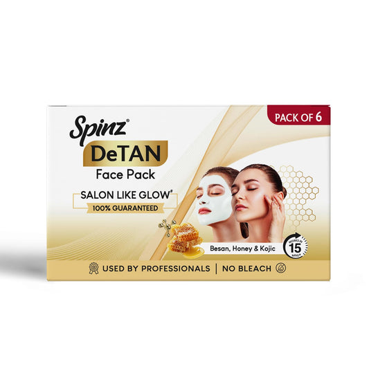 Spinz DeTan Face Pack with Besan, Honey & Kojic Acid | Tan Removal cream for Brightening & Glow | Salon-like Glow in 15 mins | 72g, Pack of 6 (12g x 6)