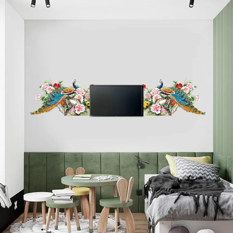 Rangoli New Modern Art Two Aesthetic Beautiful Peacocks Large Wall Sticker Size-50cm*70cm, PVC