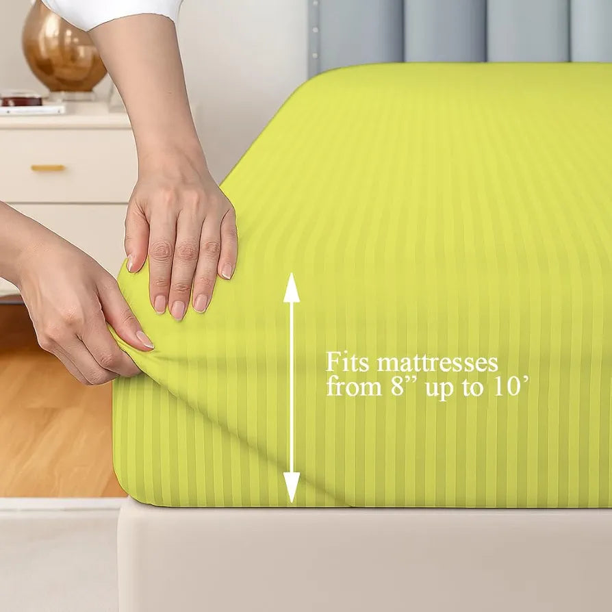 Trance Home Linen 100% Cotton 78x72 inch King Fitted 200TC Satin Stripe Elastic Fitted Bedsheet with 2 Pillow Covers Colour Canary Yellow