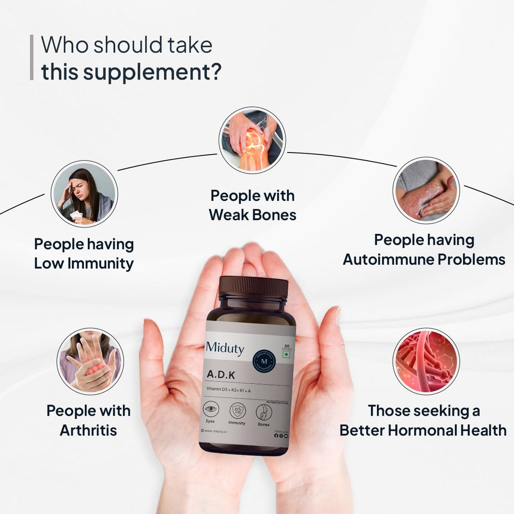 Miduty Vitamin ADK Multivitamin Contains Vitamin A - D3 - K1 - K2 Immunity Booster, Bone Strength, Healthy Heart Vitamin ADK Supplement For Men and Women - 30 Capsules
