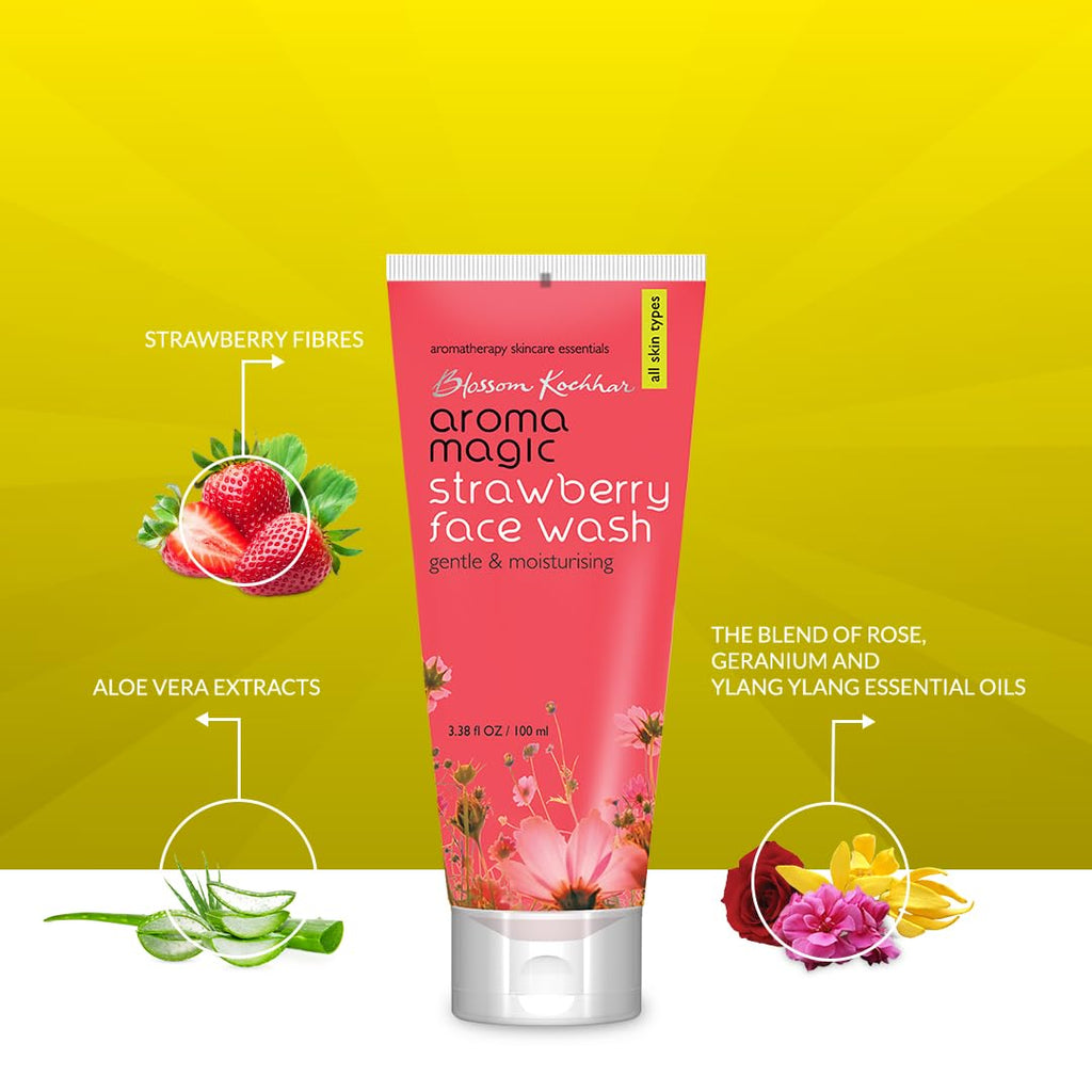 Aroma Magic Moisturizing Strawberry Face Wash | with Aloe Vera Extract & Ylang Ylang Essential Oil | All Skin - 100 ml | For men & women | Pack of 1