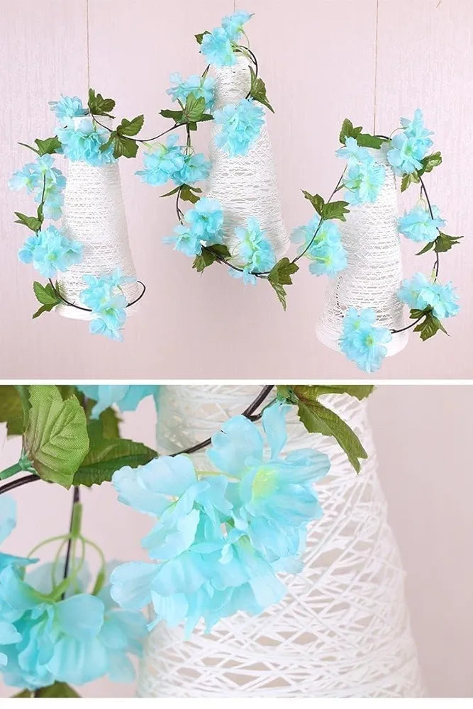 Artificial Cherry Blossom Rattan Flowers Vine Sky Blue