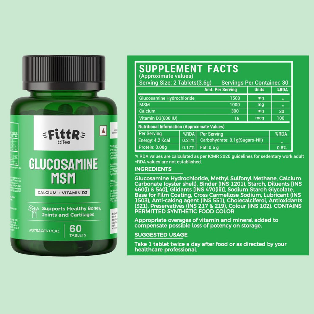 FittR Bites Glucosamine Tablets for Joint Support Supplement| with MSM Calcium & Vitamin D3 | Cartilage and Bone Health supplement, 60 Tablets, (Pack of 1, 60)