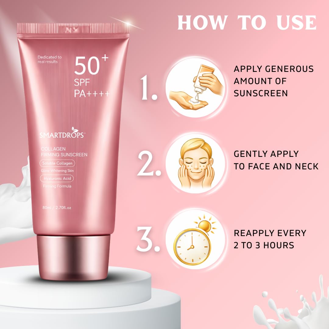 Smartdrops Collagen Sunscreen SPF 50+ PA++++ with Hyaluronic, Lightweight Daily Sun Protection Cream for Men & Women, All Skin Types (Pack 1)