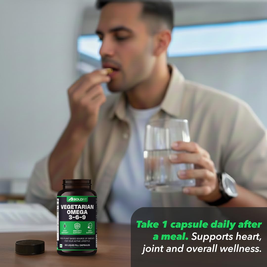 Boldfit Omega 3, 6 & 9 From Flaxseed, Borage & Olive Oil, Vegetarian Supplement For Heart, Skin, Joint & Muscles Support - Epa & Dha Rich Capsules For Men & Women - 60 Count