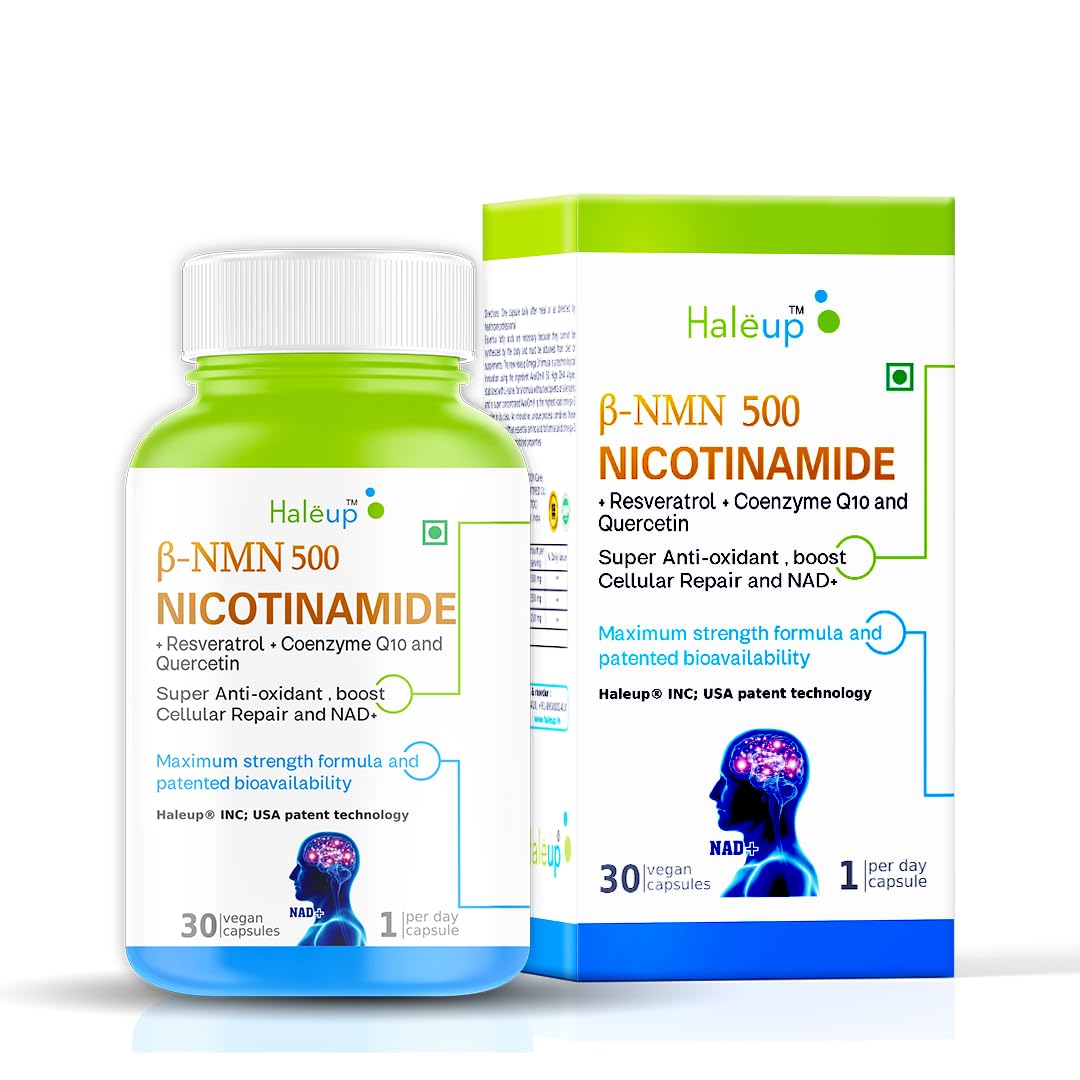 Haleup Usa Nmn 500 Mg 3-In-1 Formula,Enriched With Resveratrol,Quercetin And Coq10|99.9% Pure|Healthy Ageing|Cellular Repair|Boost Nad+|Energy Levels|Skin Health,1 Count,30 Capsules