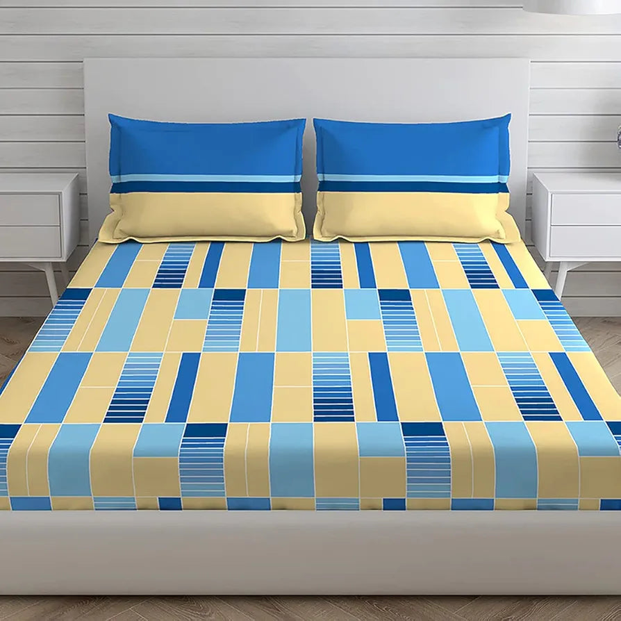 Layers Tivoli Cotton Bedsheet Set for All Seasons Lightweight 104 TC Queen Size Beige/Blue Color