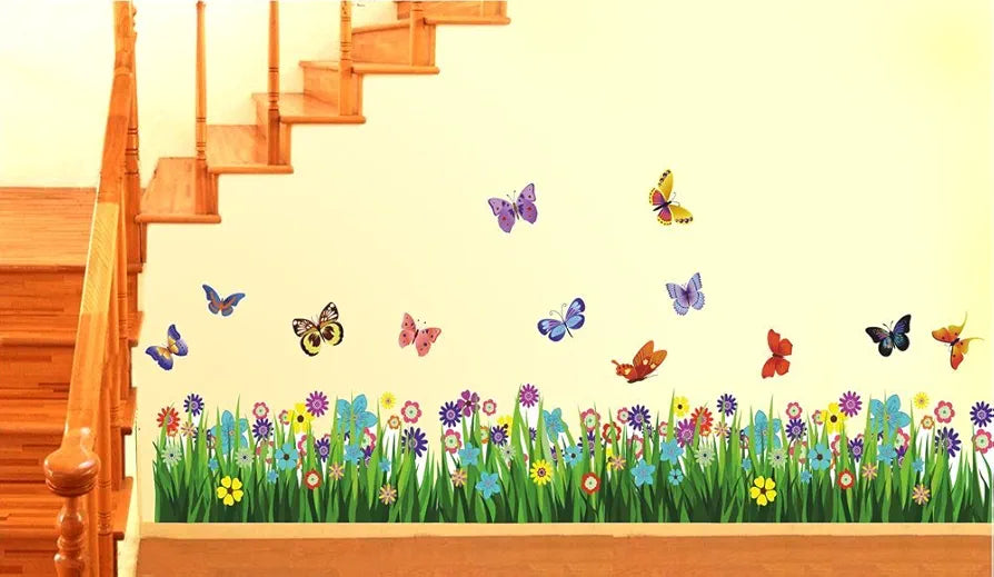 Rangoli Walking in The Garden Flower Wall Sticker New Modern Art Butterflies Flying Over Grass Large Reusable Self-Adhesive Sticker