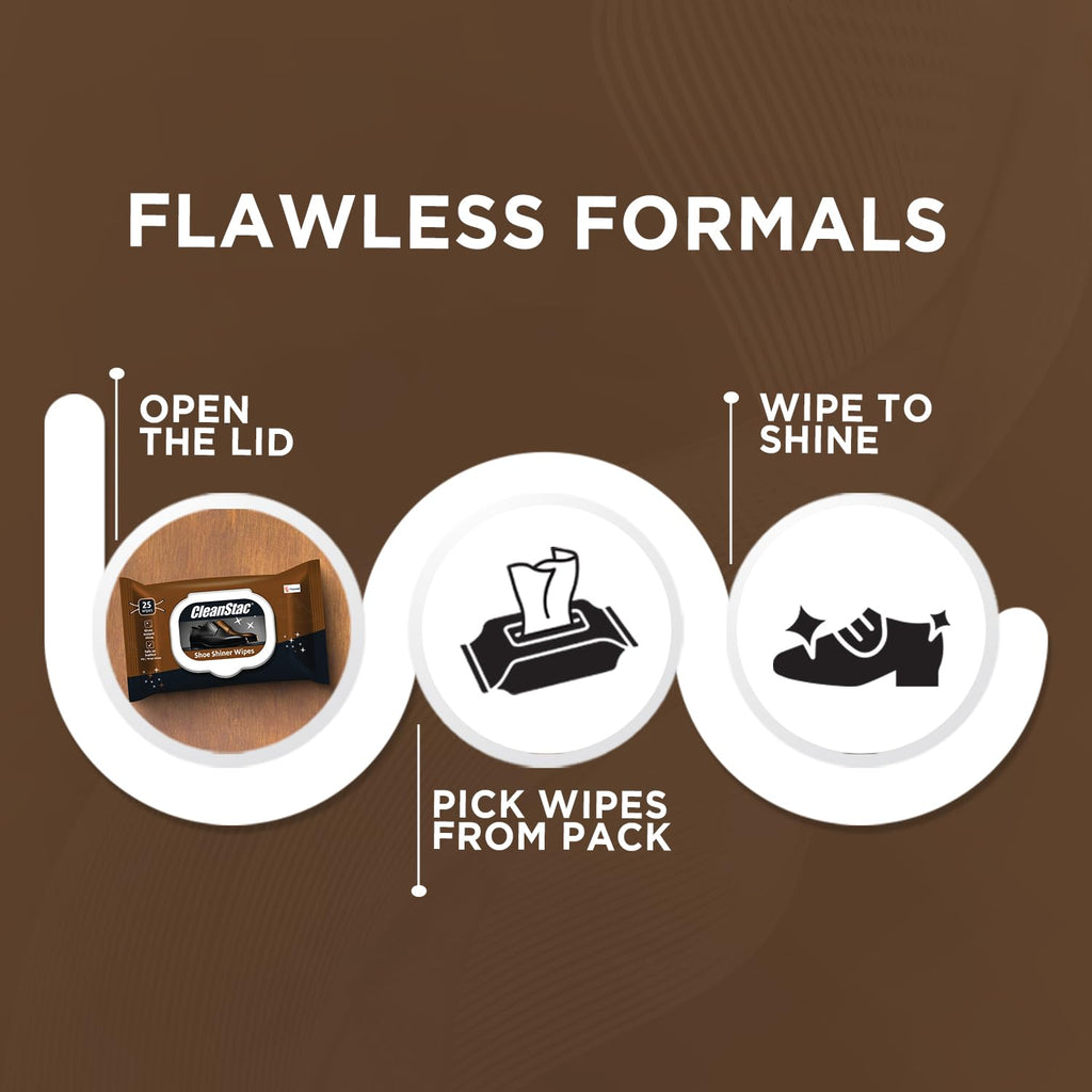 Formal Shoe Shiner Wipes | 75 Count, Brown | Packet with Lid | Instant Shine for Leather & Formal Shoes
