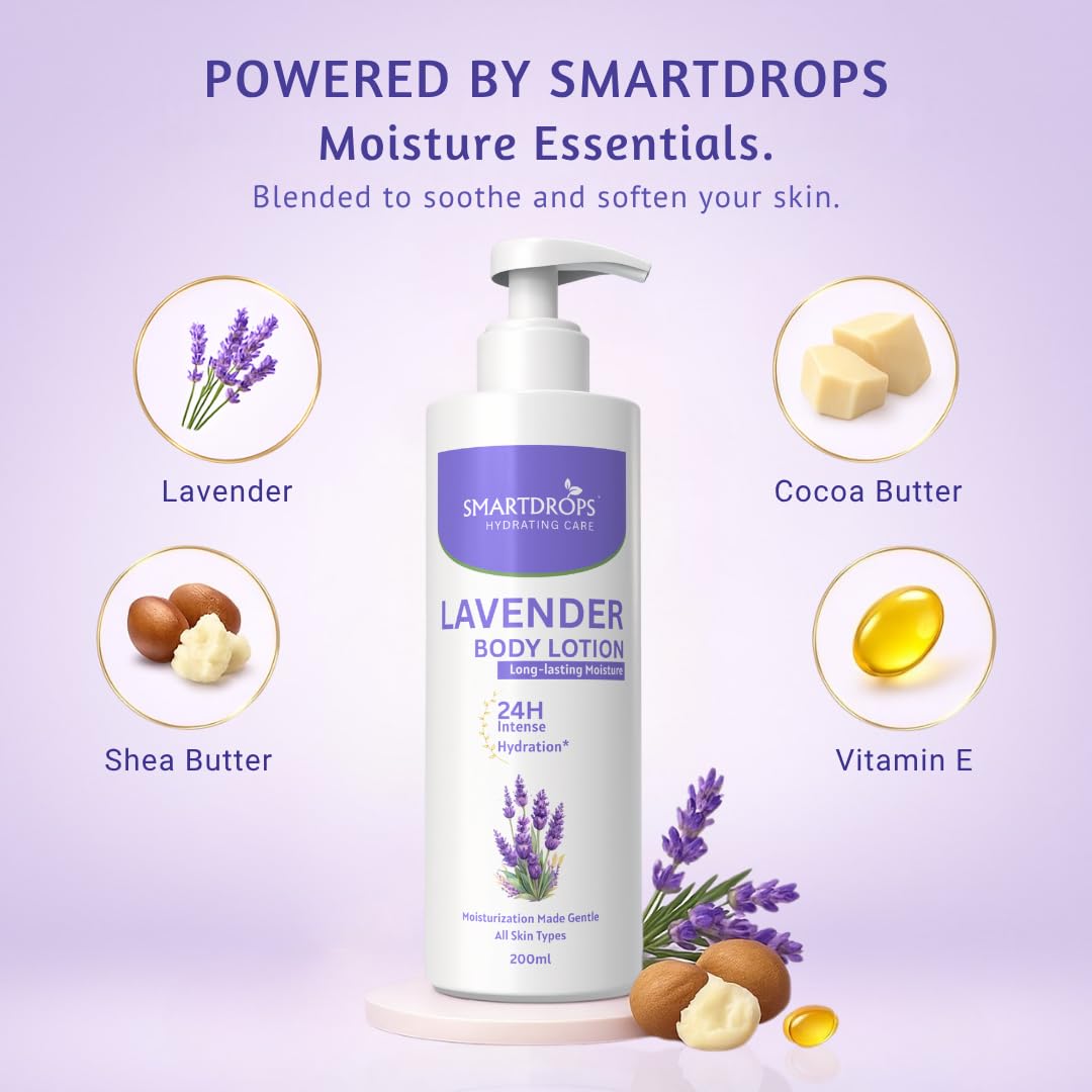 Smartdrops Lavender Body Lotion | Lavender Moisturizing Body Lotion | Shea butter & Lavender 24-Hour Moisture Skin Care | Lightweight & Non-Greasy | Suitable For All Skin Types, 200 ml (Pack of 1)
