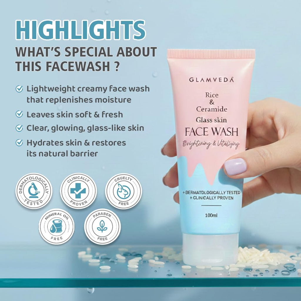 Glamveda Korean Rice Water Face Wash for Men & Women | Rice Extract & Ceramide Face Cleanser for Dry & Sensitive Skin | Hydrating Face Wash for Brightening, Even Skin Tone & Healthy Glowing Skin | 100ml