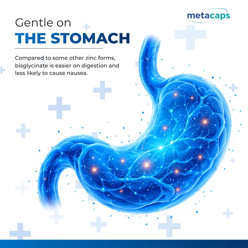 MetaCaps Zinc Bisglycinate – 90 Veg Capsules | High Absorption Chelated Zinc for Maximum Bioavailability | Gentle on Stomach & Non-Nausea Formula | Supports Immune Defense, Skin Health & Hormonal Balance | Vegan & Non-GMO Supplement