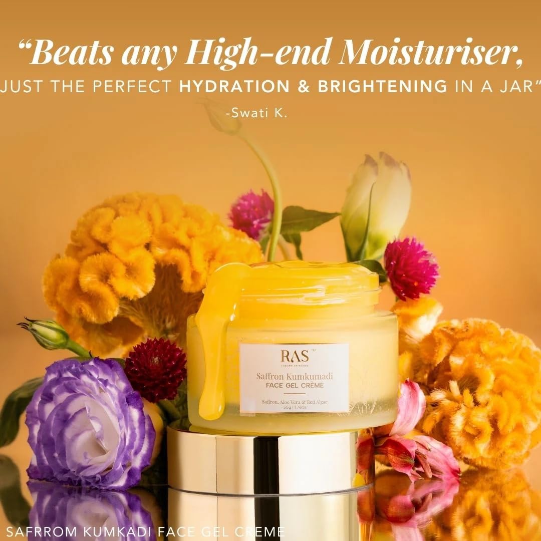 Ras Luxury Oils Saffron Kumkumadi Face Gel Creme with Aloe Vera & Red Algae | Enhances Natural Radiance | Brightening Moisturizing Cream | Light weight & Non-greasy Moisturizer For All Skin Type, 50gm
