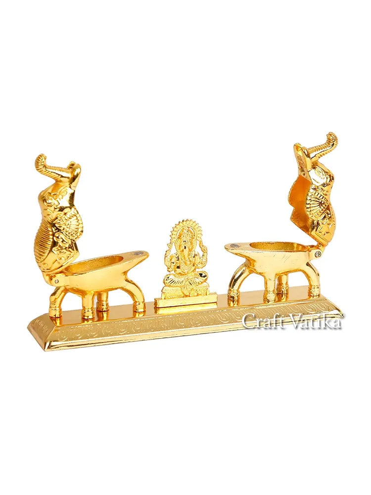 Metal Chandan Roli Kumkum Chawal Box With Ganesha Double Sindoor Dani In ElephantGolden Finish
