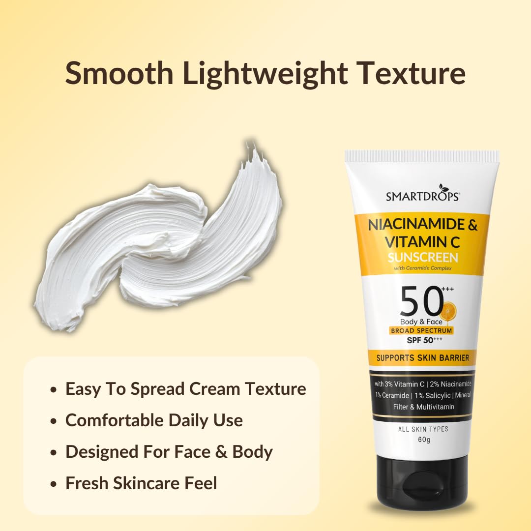 Smartdrops Sunscreen SPF 50+++ PA+++ Broad Spectrum with Niacinamide & Vitamin C, Lightweight Lotion for Daily Use, Face and Body Application, Suitable for Men and Women - 60ml (Pack of 1)