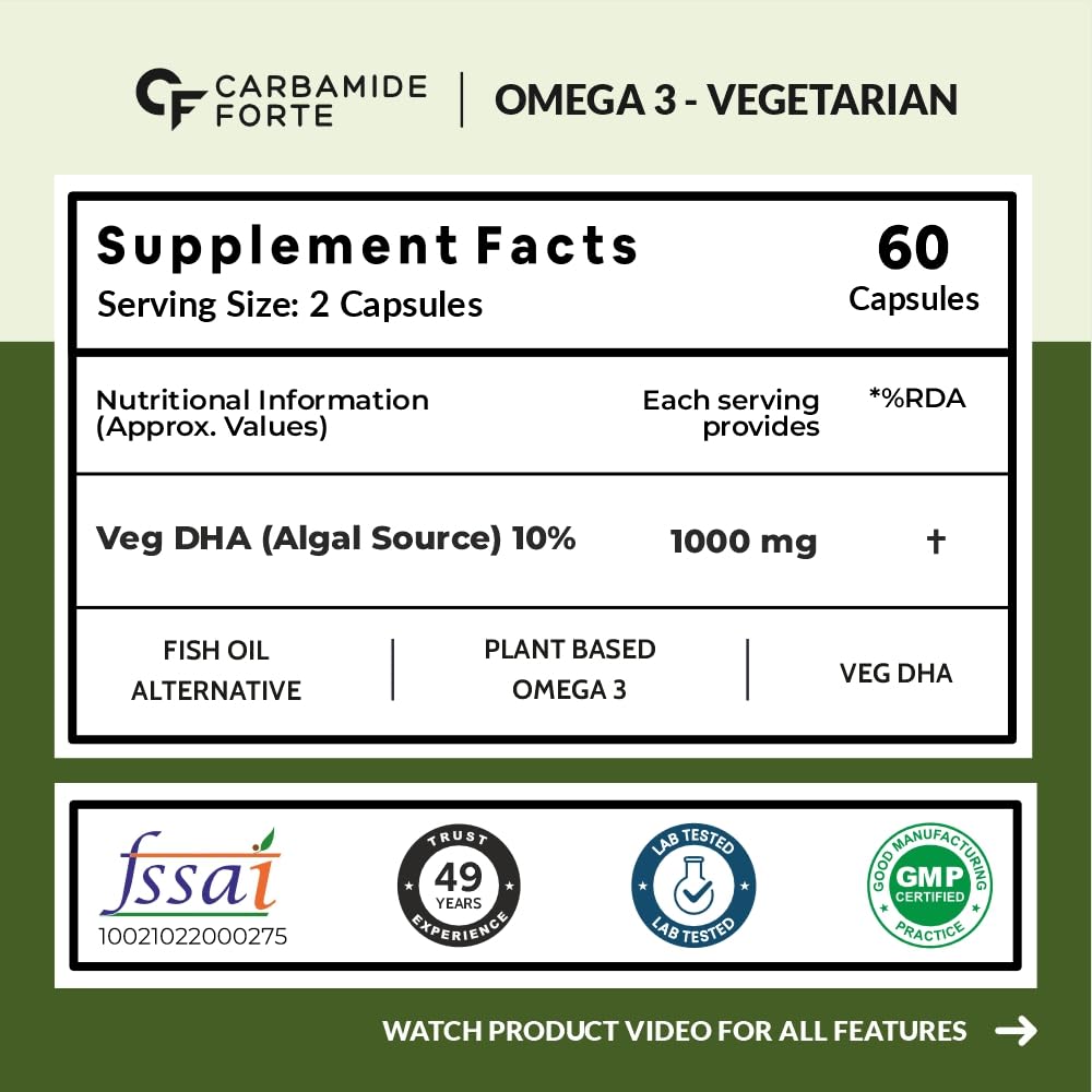 Carbamide Forte Veg Omega3 1000mg | Veg DHA | Vegetarian Omega 3 | Algal DHA | Plant Based | No Fish oil Used Capsules for Men & Women- 60 Veg Capsules