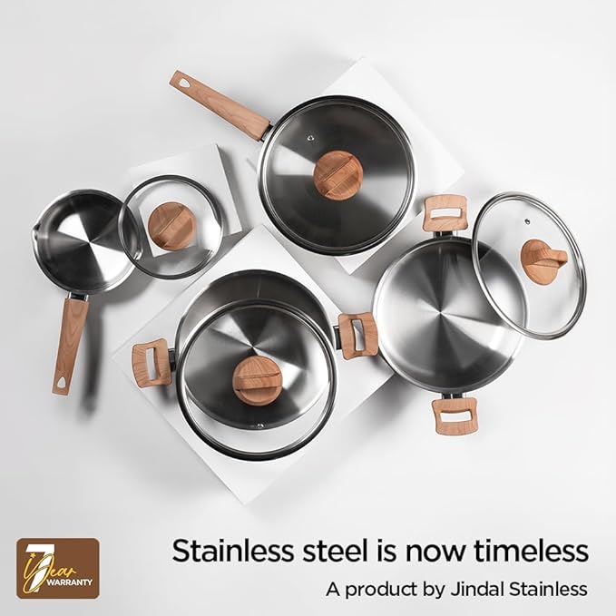 Arttdinox Timber Triply Stainless Steel Kadai | Steel Kadai for Cooking | Triply Kadai With Lid | 26cm | 3.2ltrs | Silver
