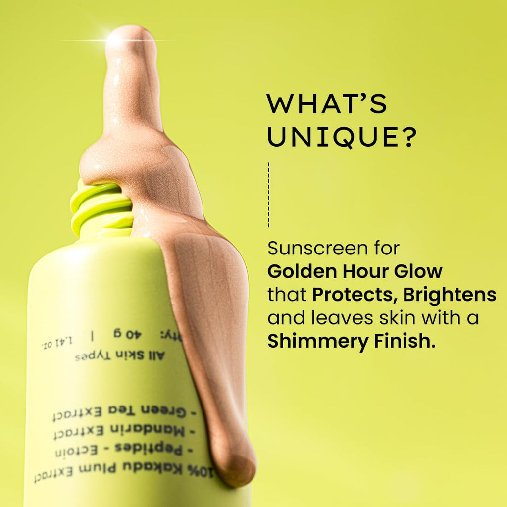 Hyphen Golden Hour Glow Sunscreen Spf 50 Pa++++ Dewy Glow & Bright Skin| Vitamin C Rich-10% Kakadu Plum & Peptides| Winter Sunscreen Moisturizer for Women & Men|Lightweight & Non Greasy, Uv & Blue Light Protection|Dry & All Skin Types - 40G