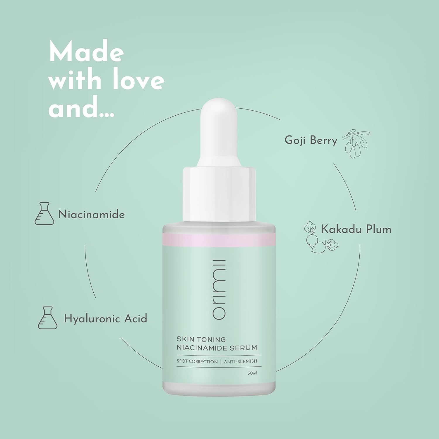 Orimii Skin Toning Niacinamide Face Serum for Dark Spots & Pigmentation | Enriched with Kakadu Plum, Hyaluronic Acid & Goji Berry | Pregnancy & Breastfeeding Safe, Fragrance Free (30ml)