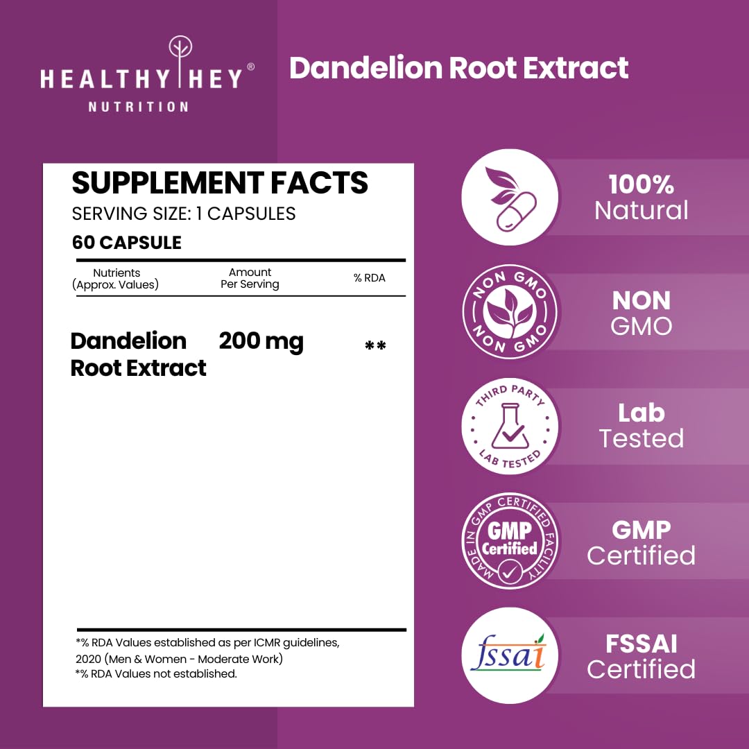 HealthyHey Nutrition Dandelion Root Extract - Natural - 10:1 Ratio - Natural Diuretic & Support Digestion, 60 Vegetable Capsules