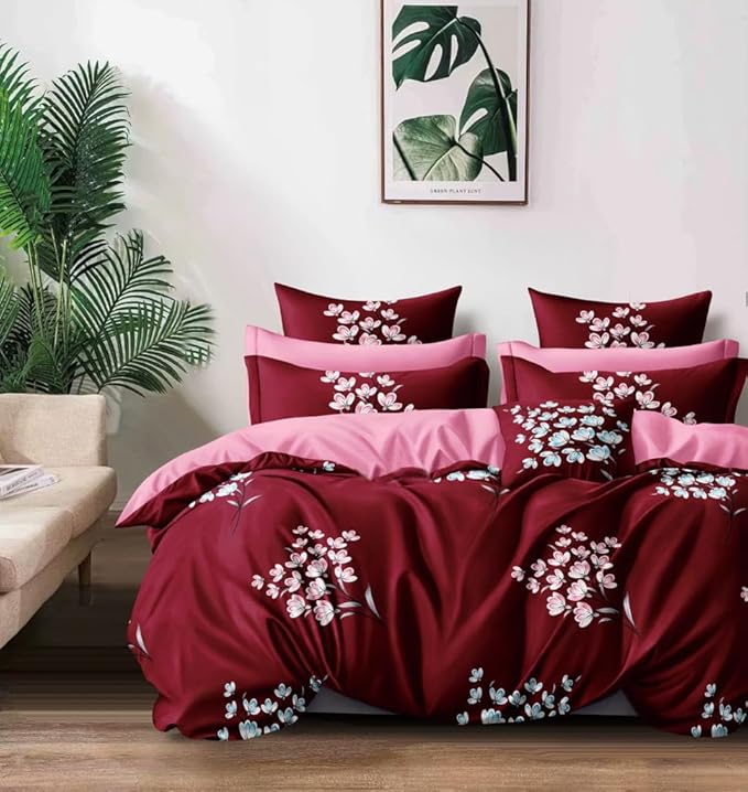 Cortina 140 Tc 100% Microfiber Printed Double Bedsheet Set With Two Pillow Case | 90x100 Inches | Floral | Red