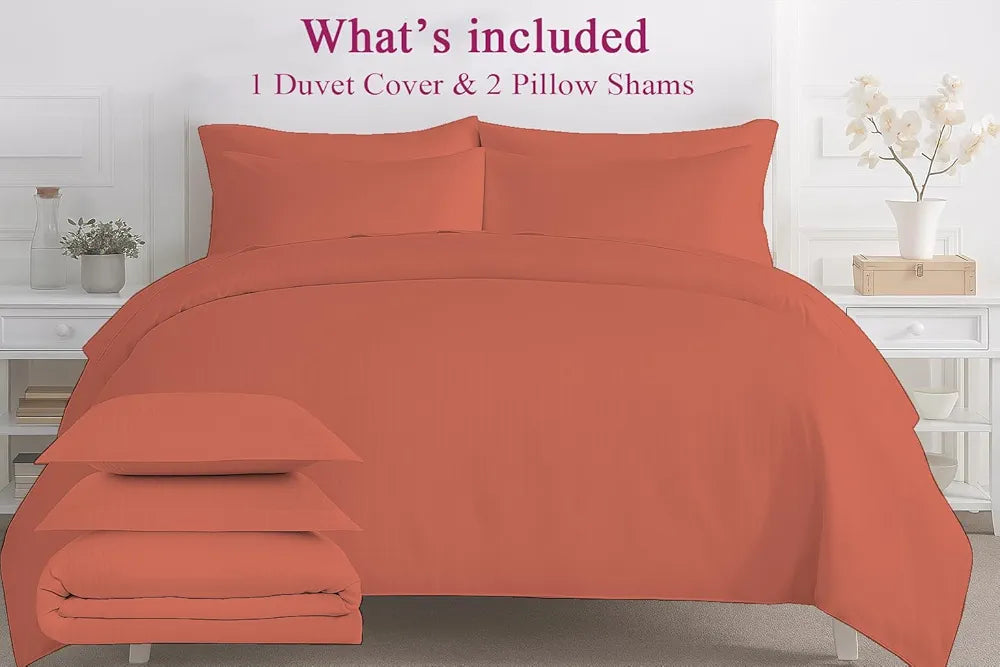 Trance Home Linen Zippered 100% Cotton 200 TC Satin Stripe Queen Duvet Cover Quilt Cover with 2 Pillow Covers Colour Copper Rust