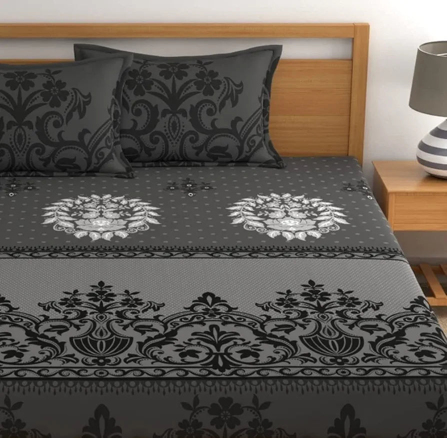 Dreamscape Cotton King Fitted Floral Bedsheet With 2 Pillow Covers Graphite Splendour