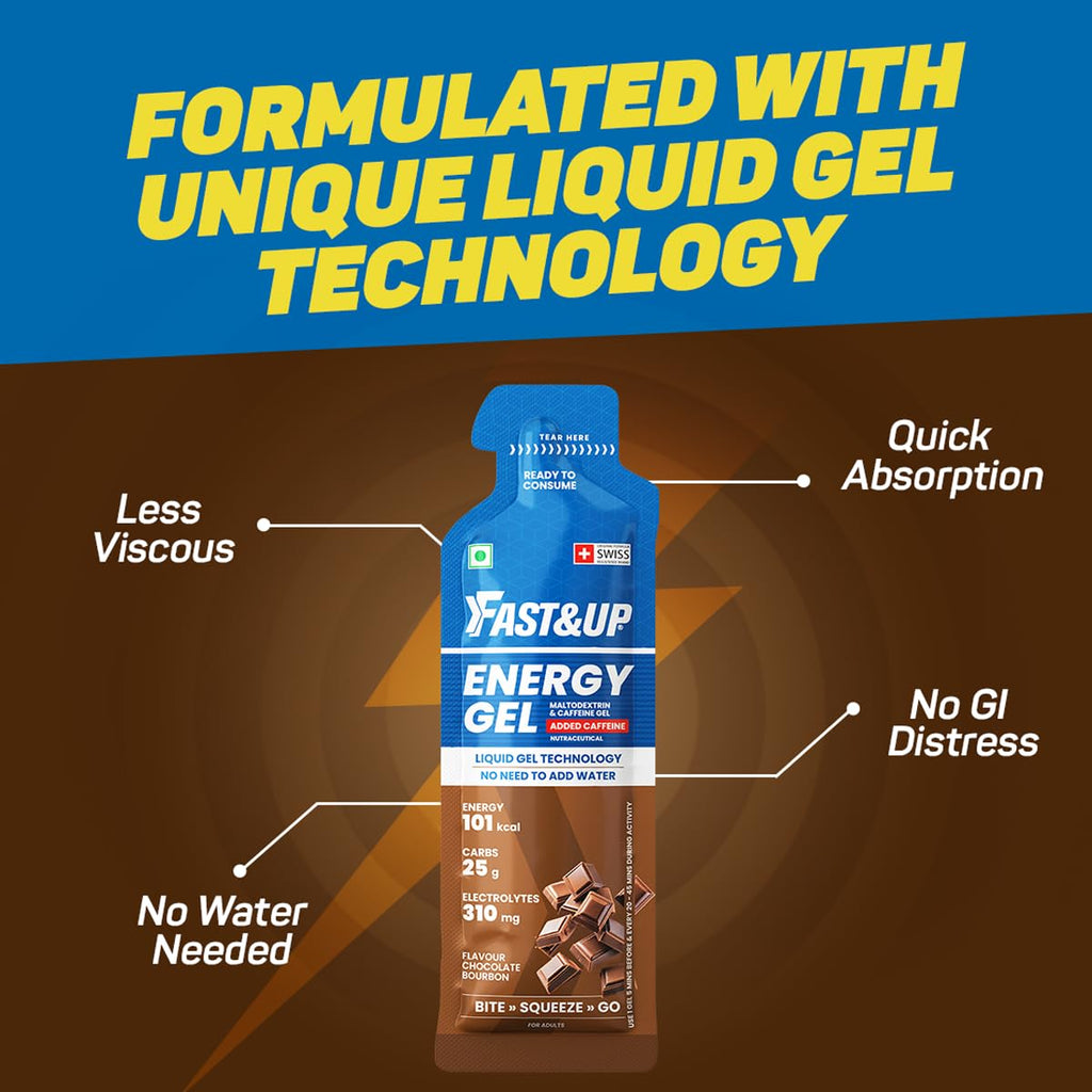 Fast&Up Energy Gel- Chocolate Bourborn flavour (Caffeinated) - Pack of 6 Gel Sachets, 39g per sachet- For Instant energy boost, Improved endurance and performance