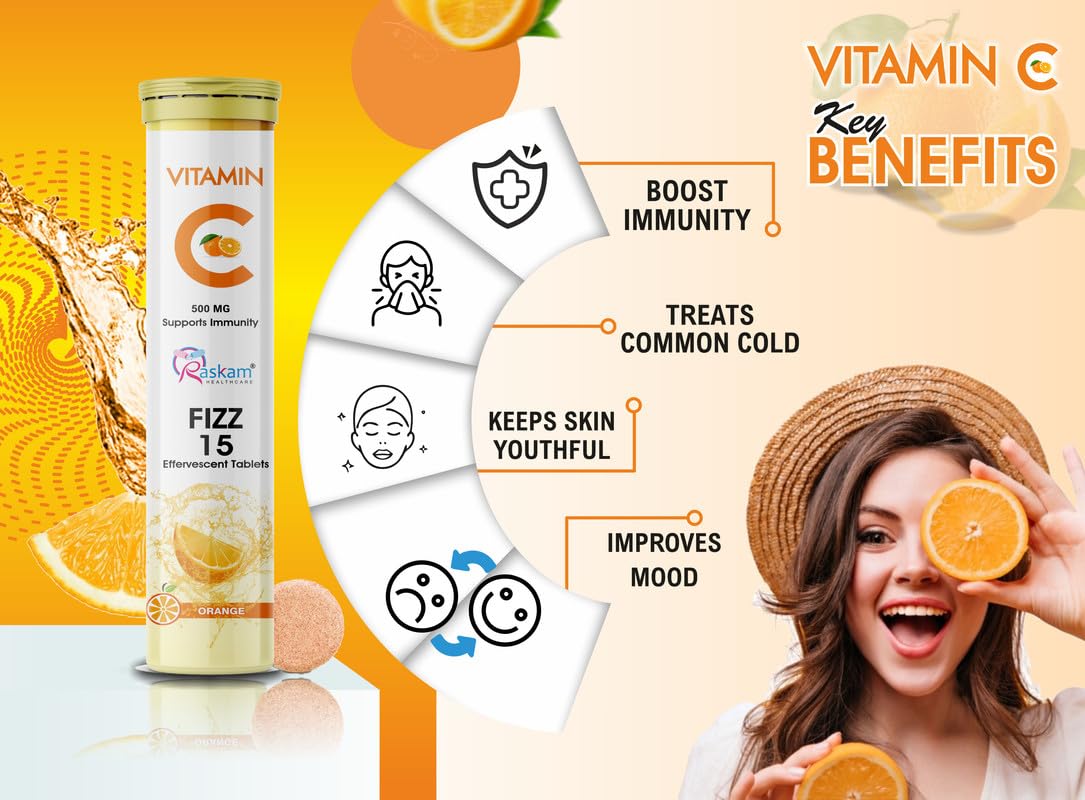 Vitamin C + Zinc, Fizz 15 Effervescent Tablets, Orange Flavour | 500mg (Pack of 1) | Supports Acne Free Skin for Women & Men | Rich in Antioxidants | Boosts Energy & Immunity