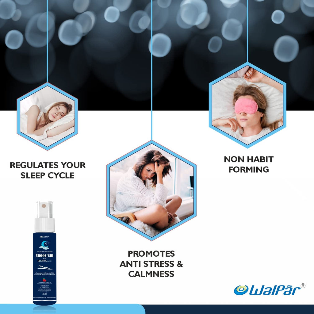 WALPAR Snooz’em Melatonin 3mg Sleep Spray with Vitamin B6 Supplement, Non Habit Sleeping Aid Drops Cranberry Flavour - 30ml