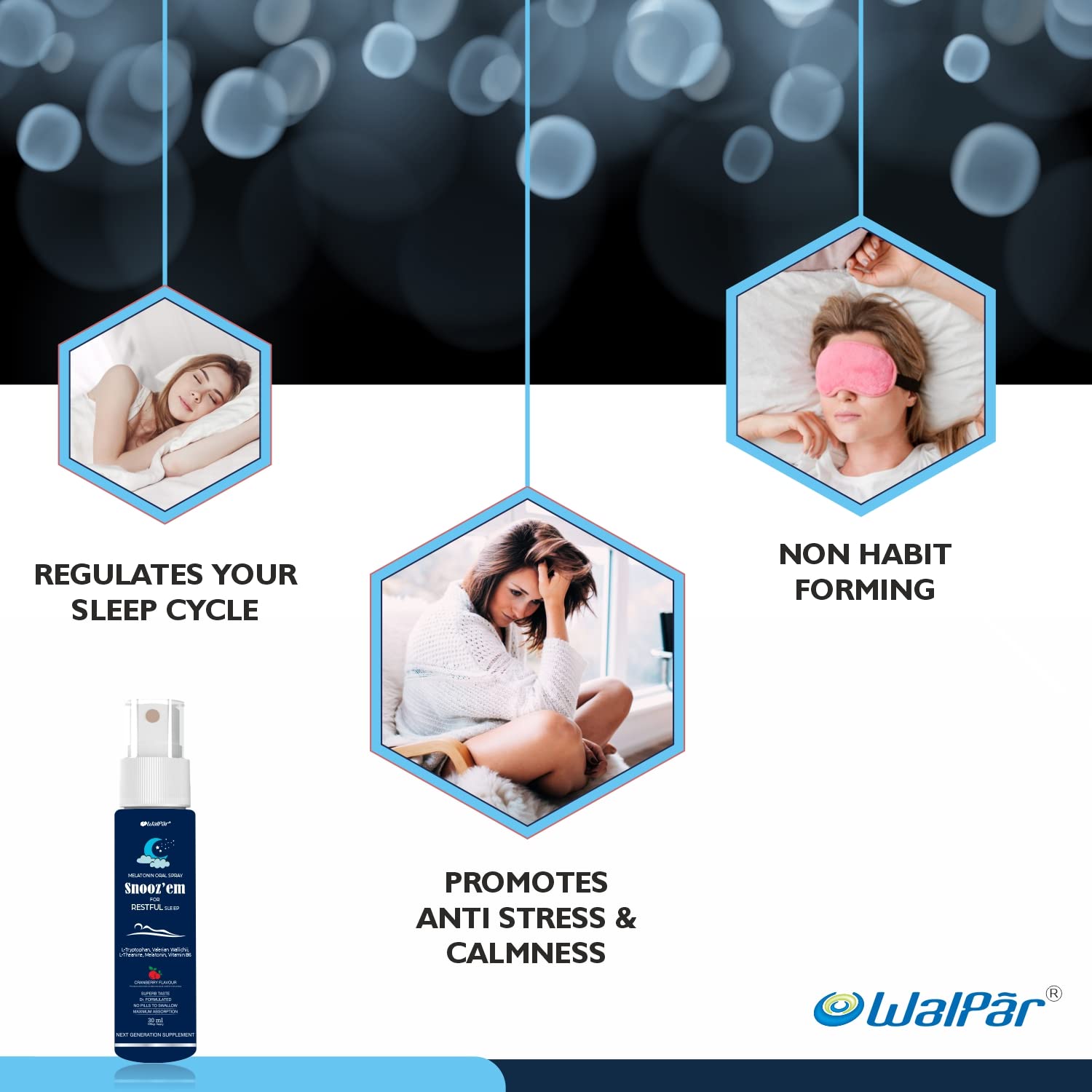 WALPAR Snooz’em Melatonin 3mg Sleep Spray with Vitamin B6 Supplement, Non Habit Sleeping Aid Drops Cranberry Flavour - 30ml