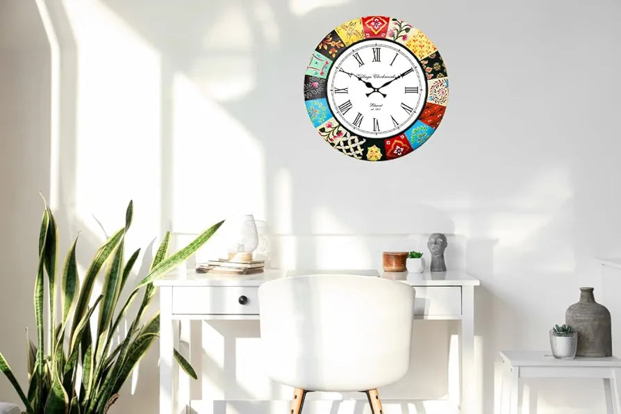 RoyalsCart Handmade Wooden Analog Wall Clock Ethnic Multicolour Hand Painted Clock Size - 16 inches [KTWC186] Elegant Painting