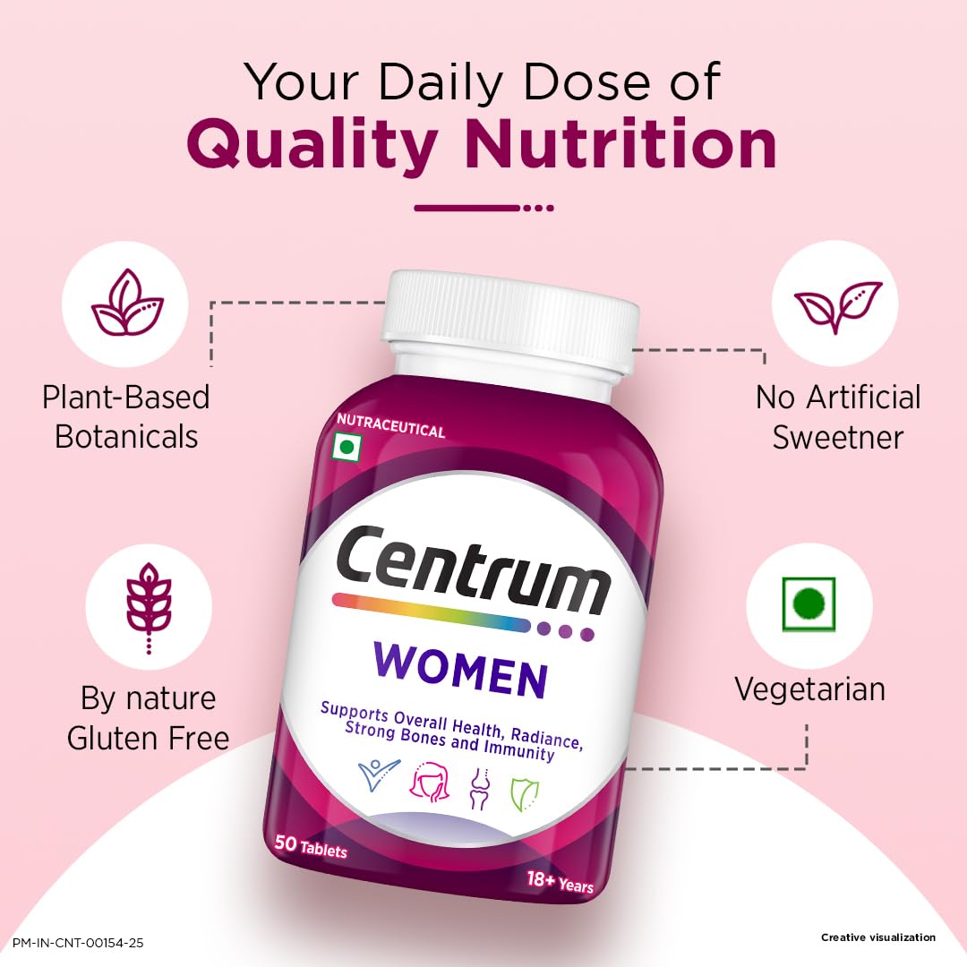 Centrum Women, World's No.1 Multivitamin with Biotin, Vitamin C & 21 vital Nutrients for Overall Health, Radiance, Strong Bones & Immunity (Veg) Pack of 30 Tablets