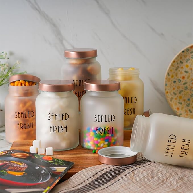 Femora Kitchen Storage Jars Frosted Glass Jar With Steel Lid Air Tight Jar | 1000 Ml | Pack of 4 | Golden Lid