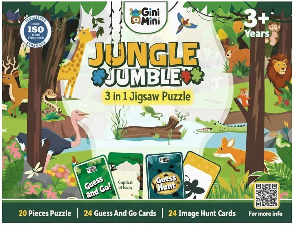 GiniMini Jungle Jumble 3-in-1 Jigsaw Puzzle - 20 Pieces, Image Hunt & Guess & Go Cards - Fine Motor, Cognitive, Vocabulary Skills for Kids 3+ Years