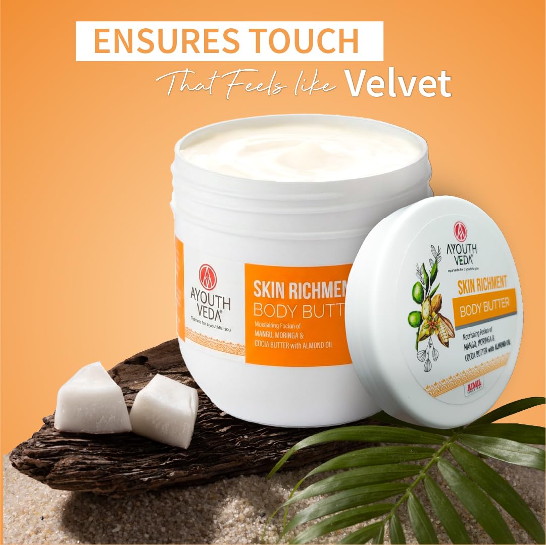Ayouthveda Skin Richment Body Butter |Rich Blend of Cocoa Moringa & Mango Butter With Almond Oil |All Day Non Sticky Moisturizer for Daily Use For Both Men & Women(Pack of 1-200g)