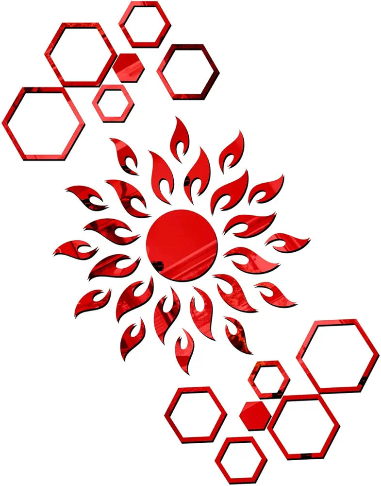 Bikri Kendra Ind Sun with 12 Hexagon Rings  Mirror Stickers for Wall, Acrylic Sticker for Wall