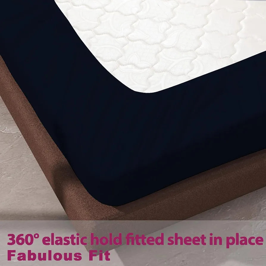 Trance Home Linen 100% Cotton 78x72 inch King Elastic Fitted Bedsheet 400 Thread Count Premium Bedsheet with 2 Pillow Covers Colour Navy Blue