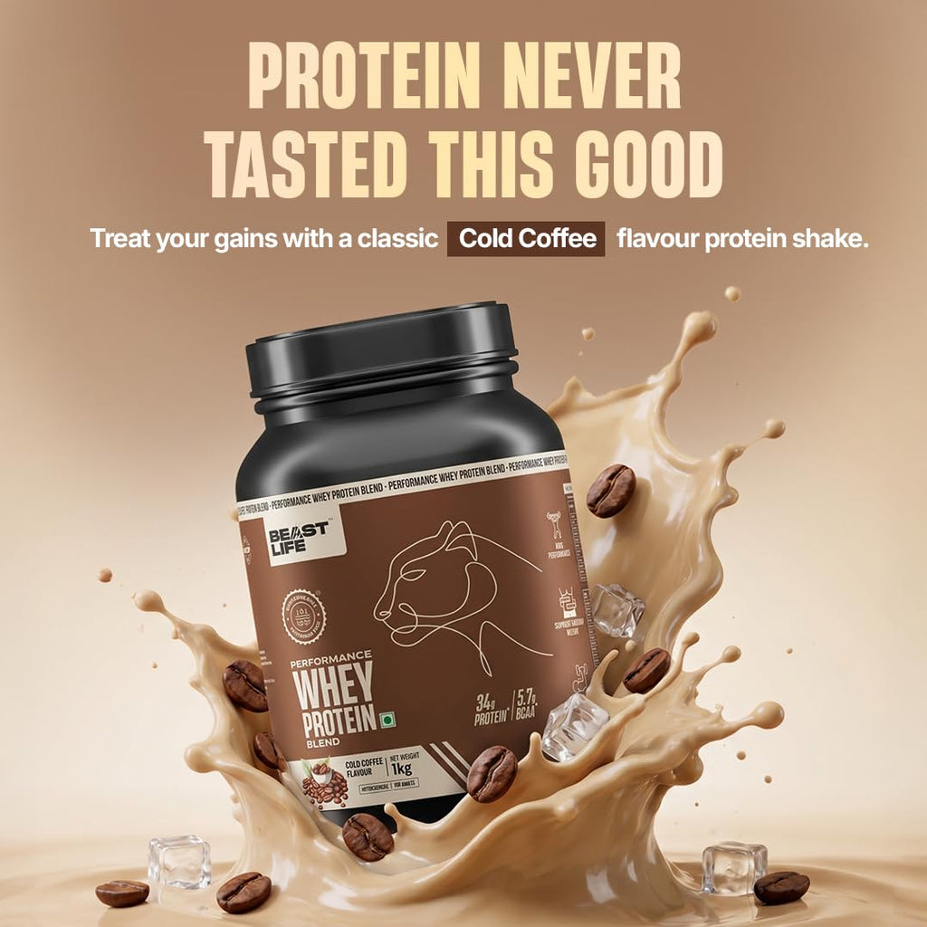 BeastLife Performance Whey Protein Blend | 34g Protein | 5.7g BCAA | 1Kg | Cold Coffee | Muscle Growth & Recovery | Easy to Digest with Ultrasorb Tech | Smooth & Easy to Mix | Contains Whey Protein Concentrate & Yeast Protein