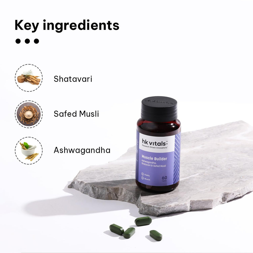 HealthKart hk vitals Muscle Builder (60 Tablets) | Blend of Ashwagandha, Shatavari and Safed Musli | For Immunity, Muscle Strength and Vitality