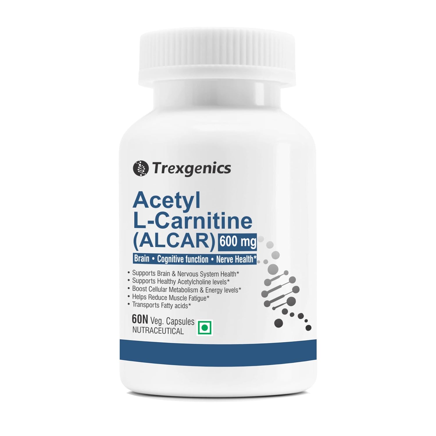 Trexgenics ACETYL-L CARNITINE (ALCAR) 600 mg Nervous System, Cognitive Function, Metabolism, Energy Support VEGAN & NON-GMO (60 Veg. Capsules) (Pack of 1)