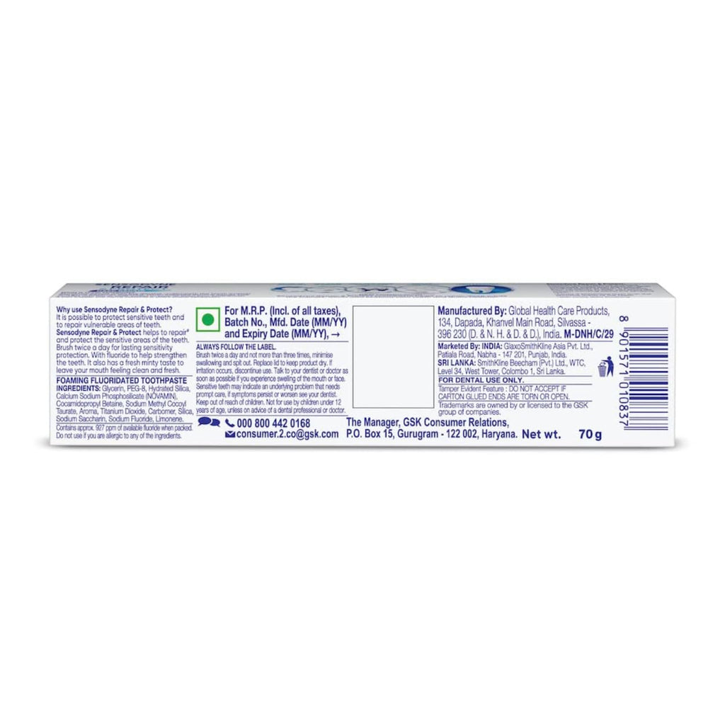 Sensodyne Toothpaste Repair and Protect | Tooth Paste for Daily Sensitivity Protection, Long-lasting Relief | Pack of 1 - 70gm | Fresh Taste | Dentist Recommended