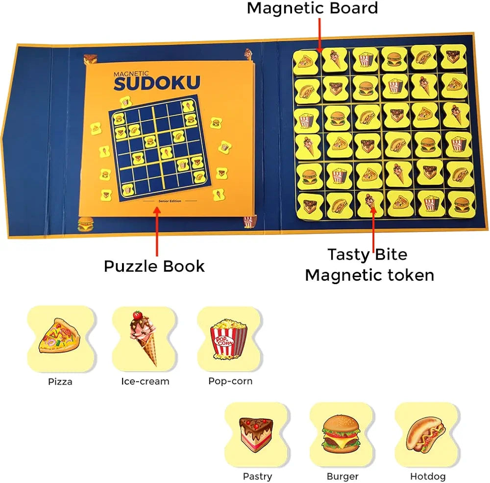 Pelikas Toyz Sudoku Mind Games Children, Puzzles Travel Toys for Kids 7 to 12 Years Old, Gift for Boys Girls, Magnalogix Sudoku -Fast Food - 6 x 6