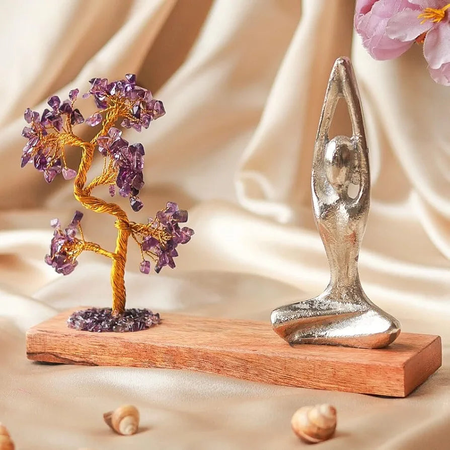 Ritualistic Namaste Amethyst Quartz Crystal Tree Handcrafted for Energy Healing Meditation