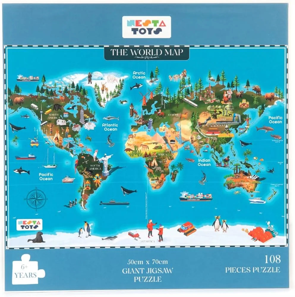 Nesta Toys Floor Puzzle & Game World Map Jigsaw Puzzle, Educational Toy Gifts for Boys & Girls Ages 6 to 14 Geography for Kids 108 pcs, 70 x 50 cm
