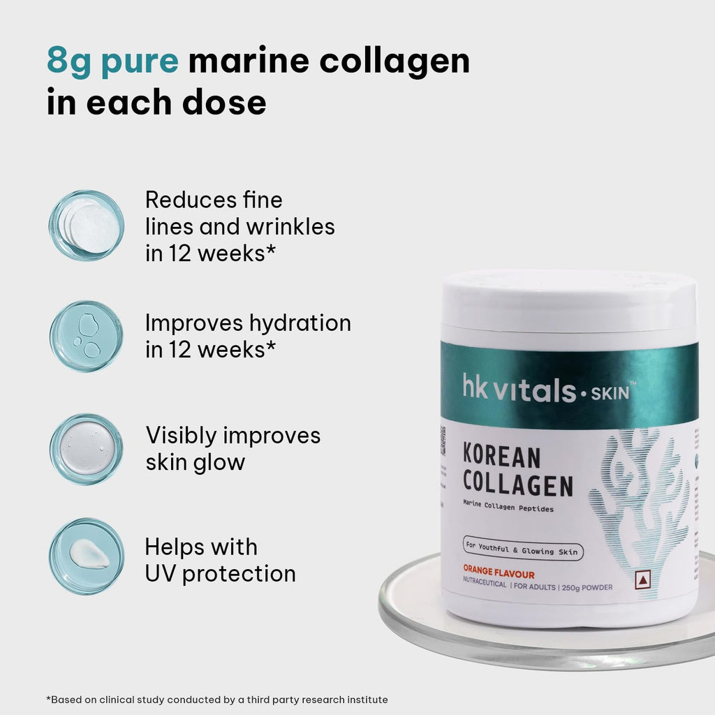 HealthKart hk vitals Korean Marine Collagen Supplement (Orange, 250g) | Supplement for Women & Men | Promotes Healthy Skin, Hair & Nails