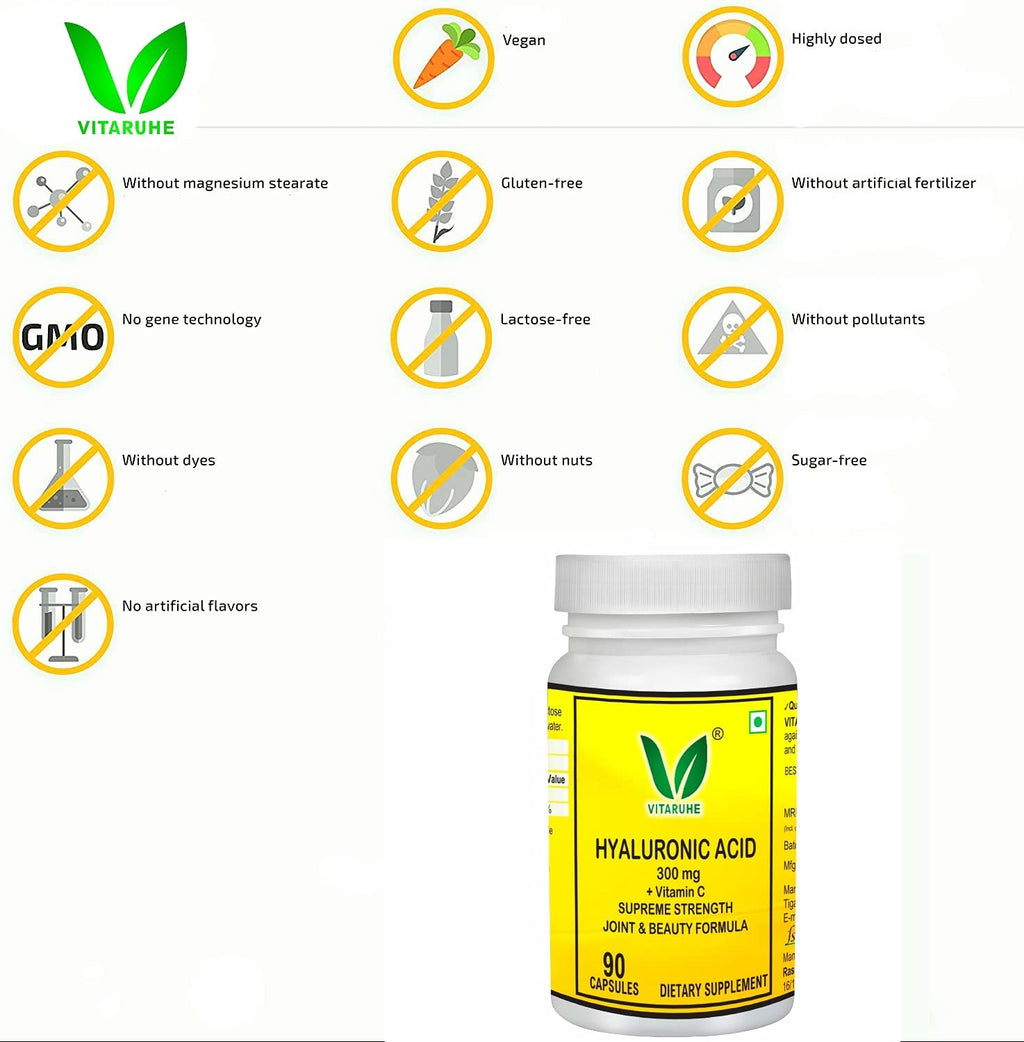 VITARUHE® Hyaluronic Acid Capsules High Dosage, 300 mg Per Capsule, Vegan, Low Molecular 500-700 kDa, 90 Capsules
