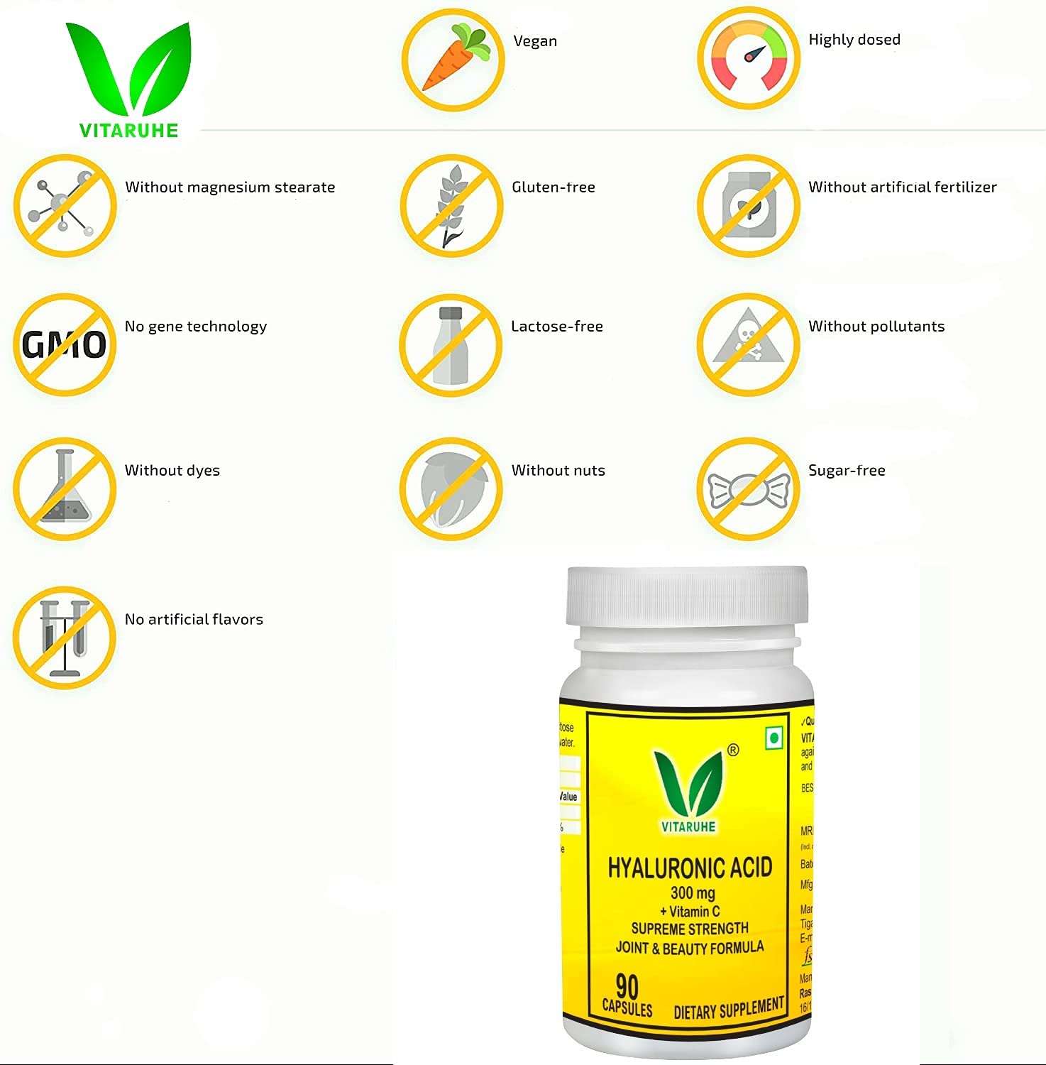 VITARUHE® Hyaluronic Acid Capsules High Dosage, 300 mg Per Capsule, Vegan, Low Molecular 500-700 kDa, 90 Capsules